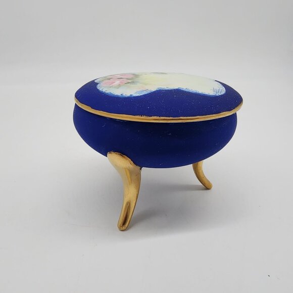 VTG Cobalt Blue Porcelain Footed Trinket Box Painted Floral Lid By E. Cumbria - Picture 5 of 11